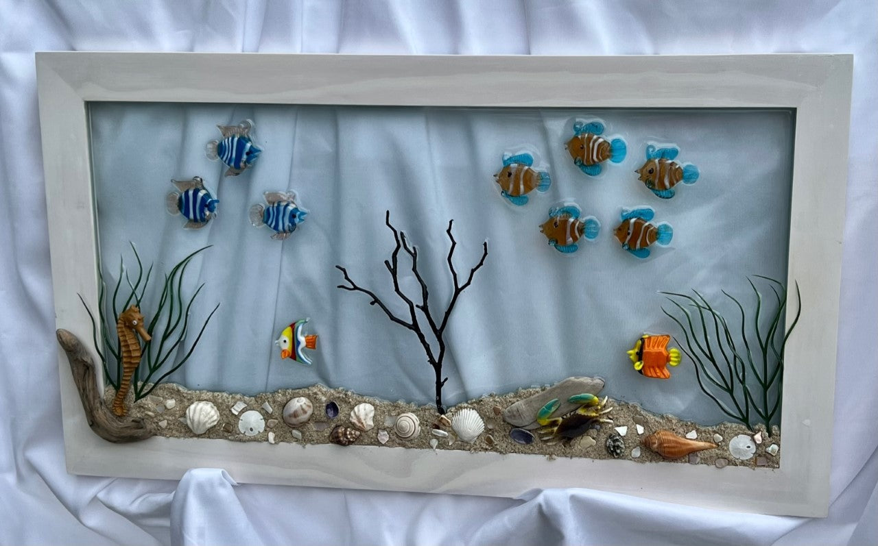 Aquarium, Ocean art, sea glass, fish aquarium, shells, and resin
